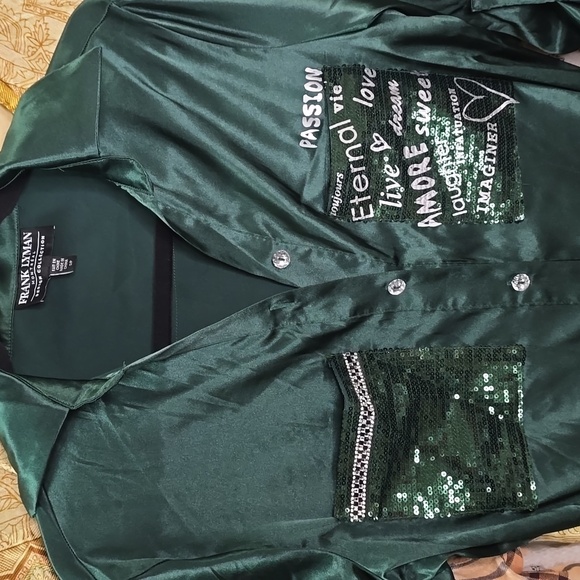 Frank Lyman Design Sequined Tie Hem Roll Tab Sleeve Satin Top  - Picture 6 of 9